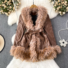 fall trends 2024 outfits Fur Integrated Retro Motorcycle Jacket Women's Autumn and Winter Loose Mid-Length Lace-up Thickened Fur Collar Jacket Top
