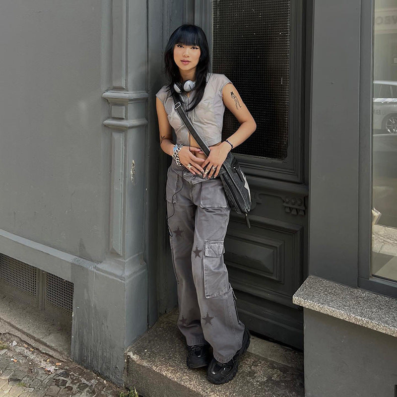 y2k outfits Street Retro Style Low Waist Denim Overalls Star Print Large Pocket Straight Casual Pants