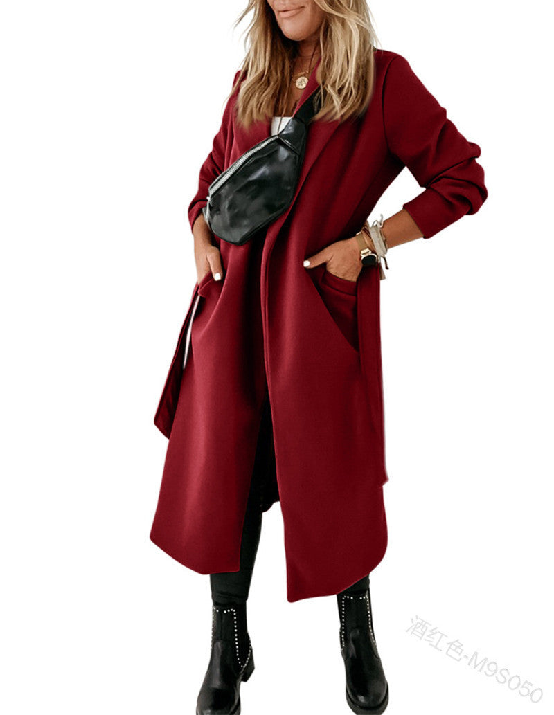 business casual outfits 2024 Autumn and Winter New Extended Woolen Women's Coat plus Size Lace-up Coat