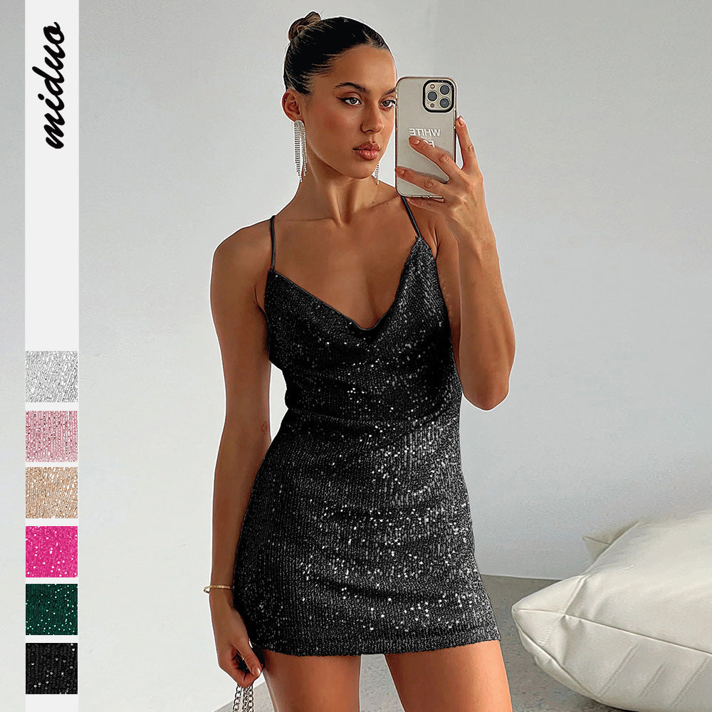 jester dress to impress New Sexy Hot Girl Sequined Hip Skirt Autumn Women's Backless Suspender Skirt Sequined Dress