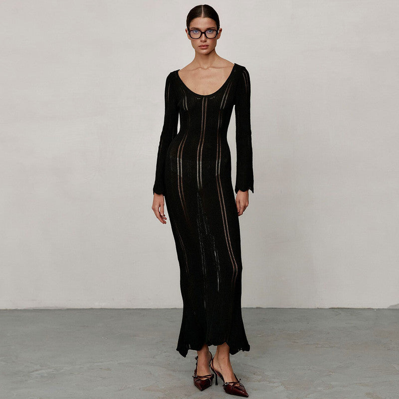 suit Style Solid Color Woolen Dress 2024 Autumn Long Sleeve U Collar Fashion Temperament Slim Fit Dress