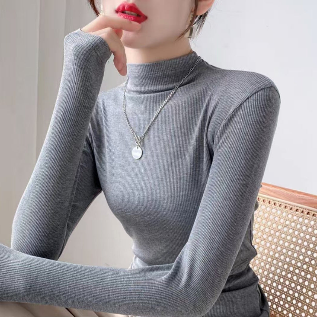 outfit inspo Deep Flower Gray Long-Sleeved T-shirt Women's Autumn and Winter Half Turtleneck Bottoming Shirt Inner Slim Thread Knitted Top 2024 New