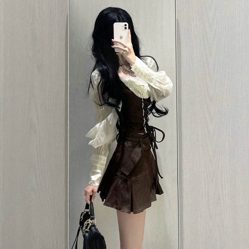 fbi agent costume Early Autumn Fashion Slimming Lantern Sleeve Fake Two-Piece Western Style Tight Waist Top High Waist Short Skirt Retro Two-Piece Suit