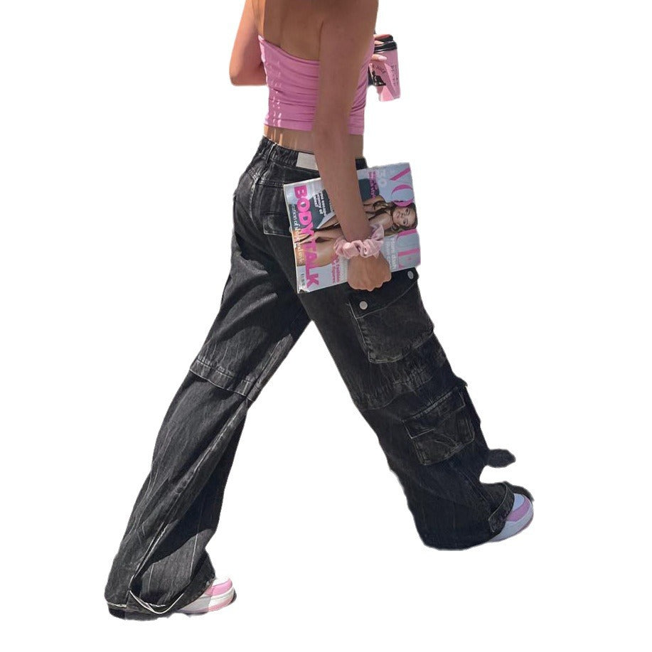 grunge outfits Street Loose Denim Pairs of Pocket Workwear Style Retro Washing Heavy Industry Low Waist Hot Girl Trousers Women Straight