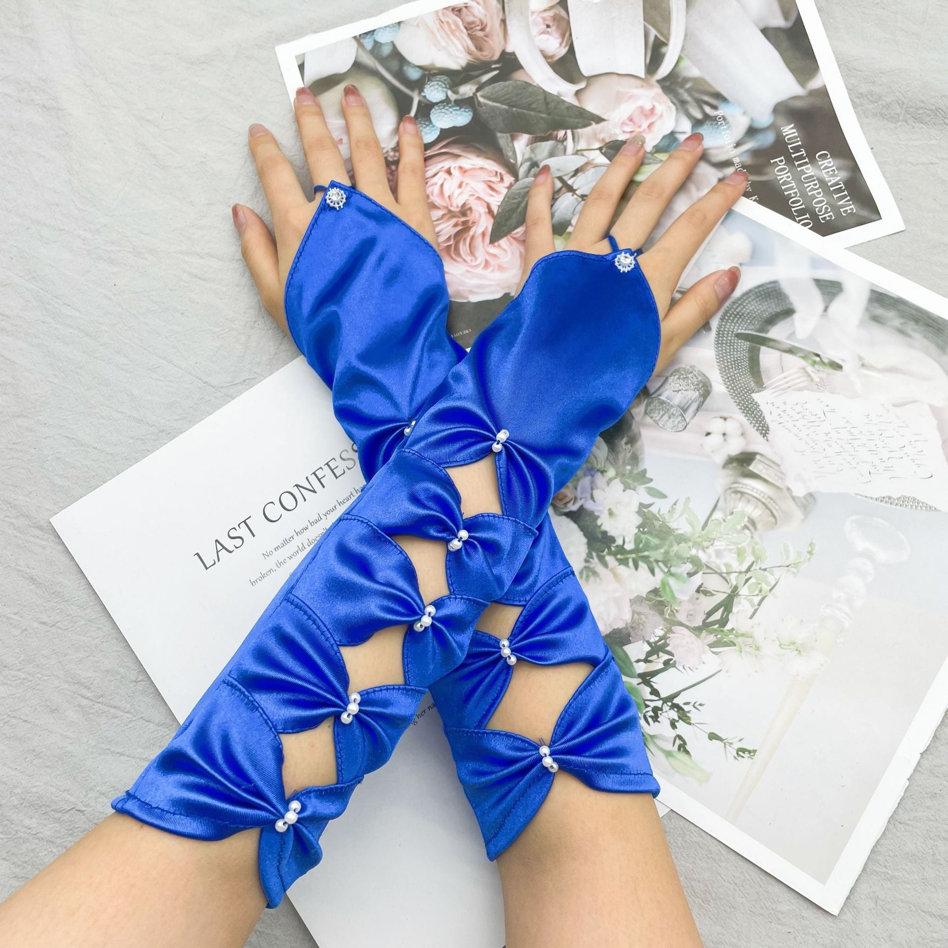 fairy costume Bridal Wedding Latin Dress Lolita Accessories Embroidered Beads Gloves Elastic Satin Ball Gloves