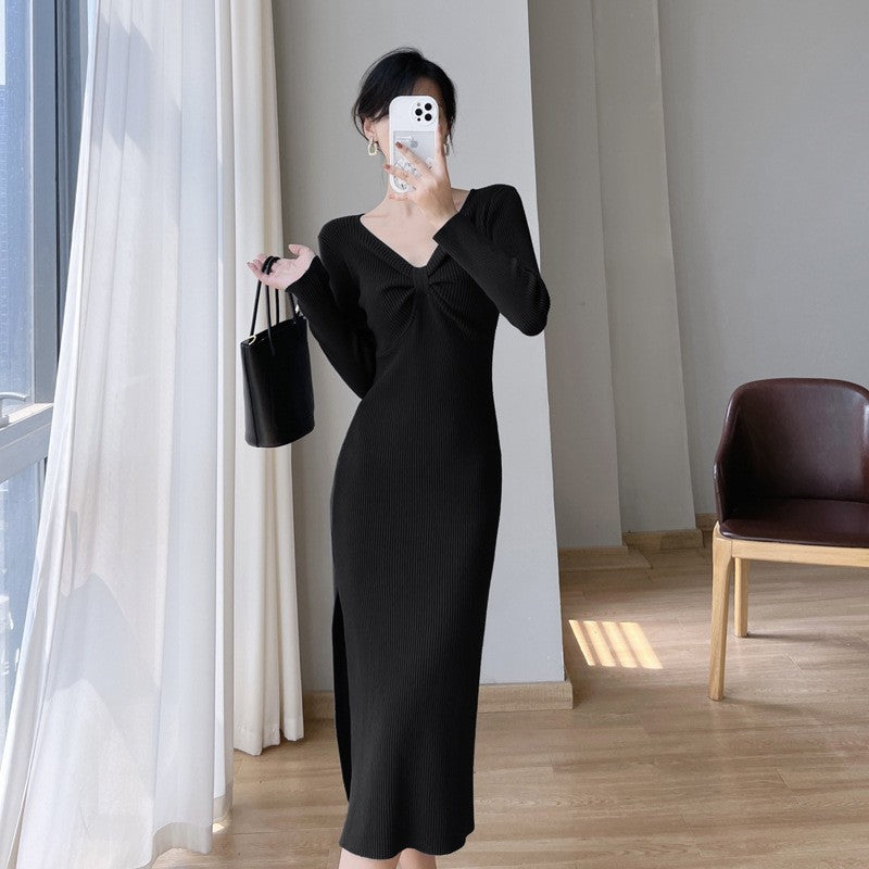 outfit inspo Autumn and Winter Retro French Temperament Dress Women's Design Bow Inner Base Split Sheath Sweater Dress