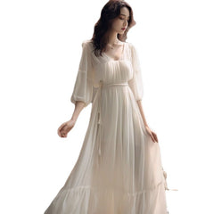 combo dress White Chiffon Long Sleeve Dress Spring Unique Super Nice Waist French Princess Dress Long Dress