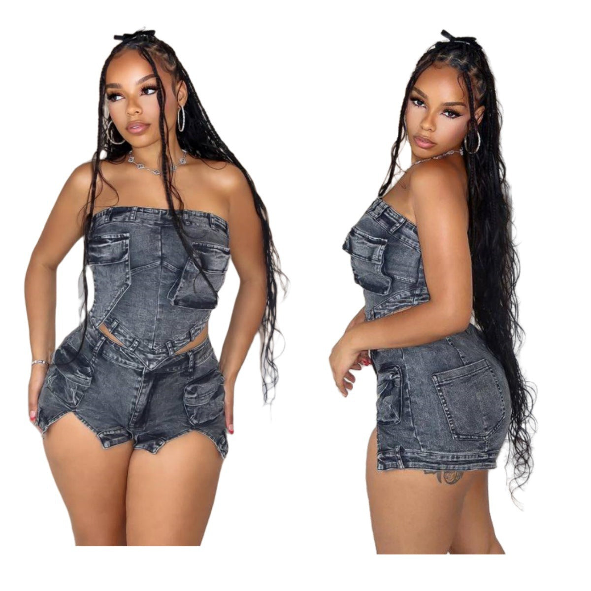 outfit Casual Fashion Sexy Solid Color Sleeveless Tube Top High Waist Denim Shorts Suit