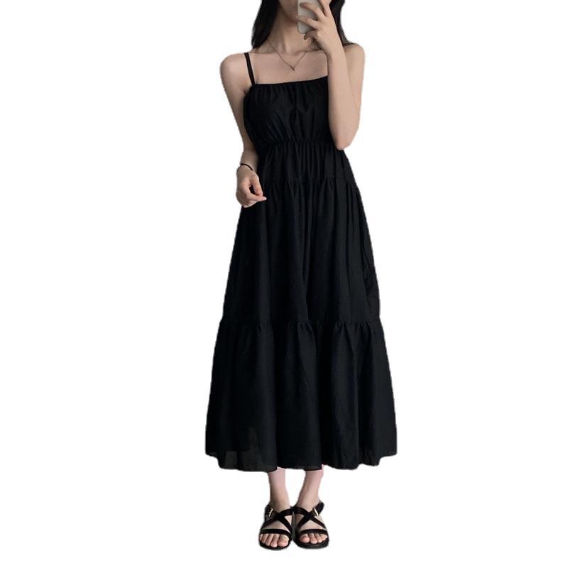 church outfit Chic Summer Holiday Style Suspender Skirt Simple Design Pleated Stitching Elastic Waist Solid Color Large Swing Dress