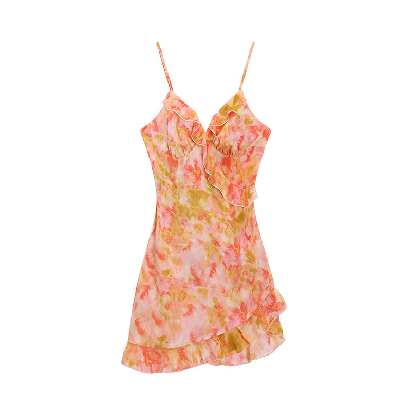 dress French Fairy Floral Strap Dress Women's Small Sexy Beautiful Beach Short Skirt for Seaside Vacation