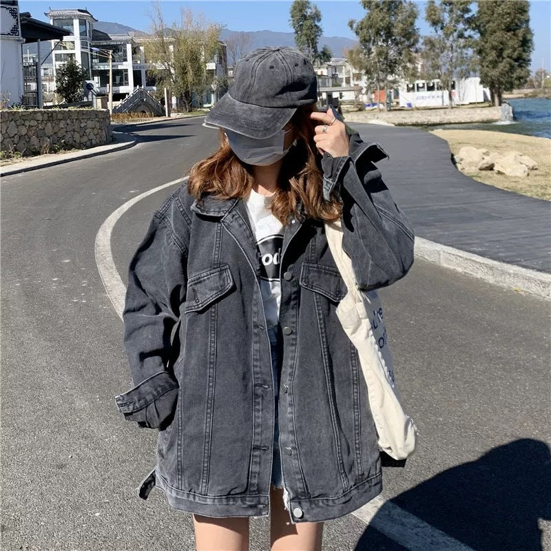 joker costume female outfit Spring and Autumn Black Denim Jacket Top Women's Autumn Trendy Loose Korean Style Hong Kong Style Casual Fried Street Jacket