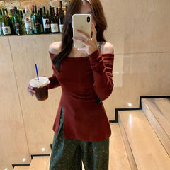 christmas costumes women Korean Style Commuter Retro French Style Temperament off-Shoulder Split Design Sweater Women's Top