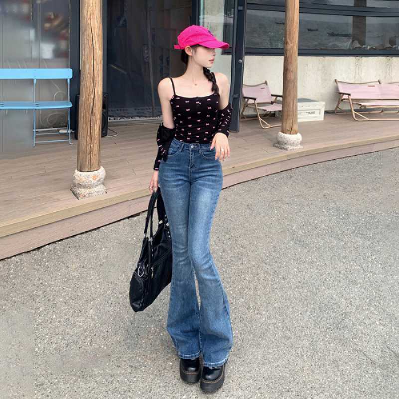 datenight fall outfits Multi-Color Retro High Waist Slim-Fit Stretch Flared Jeans Women's Cropped Trousers Lengthened