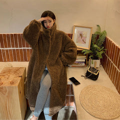 simple winter outfits Maillard Small Teddy Wool Stand Collar Coat Long Cashmere Lamb Fur Coat Thickened Loose