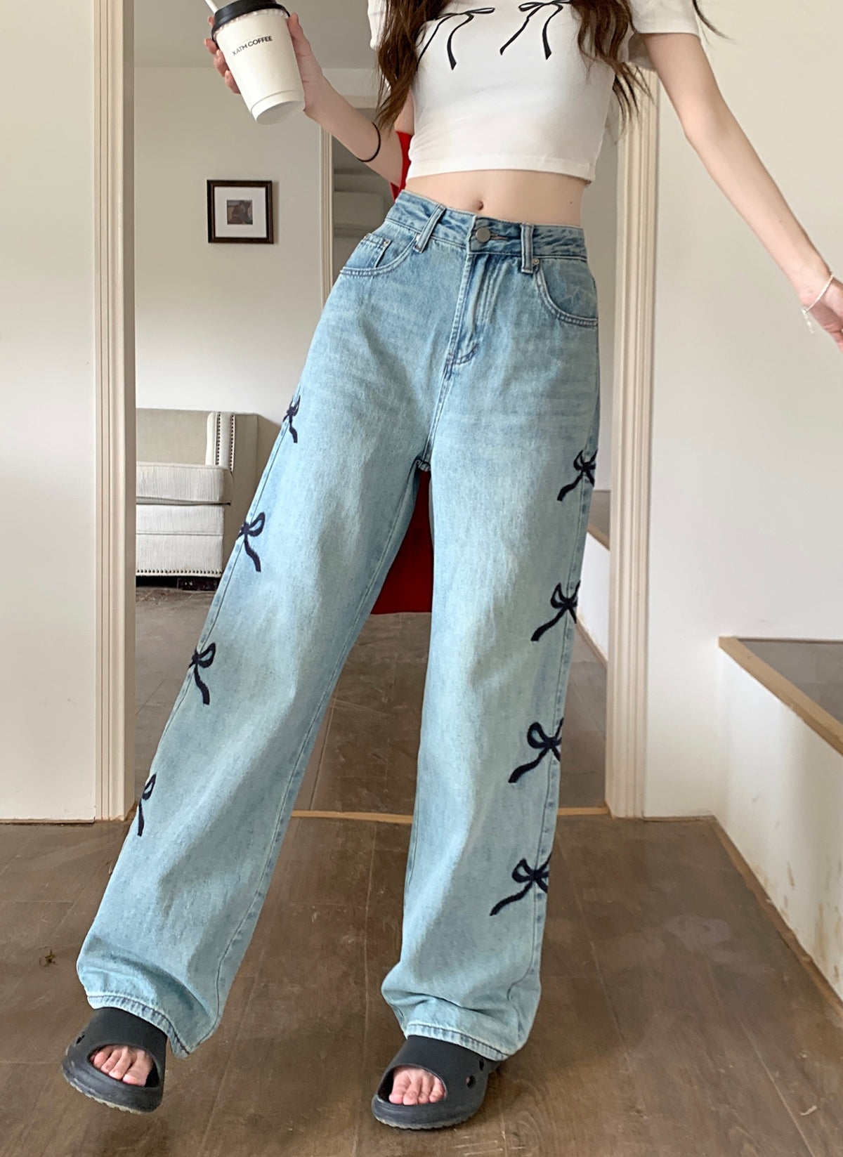 outfit ideas for school Street Korean Style Washed High Waist Side Vertical Bow Loose Wide Leg Jeans Trousers