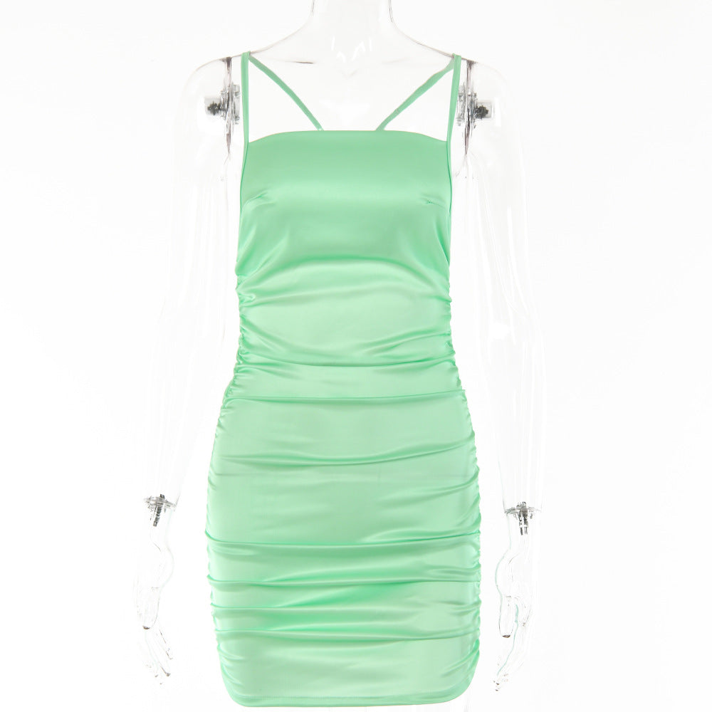 trendy homecoming dresses INS Net Hot Girl Sexy Sling Dress Autumn New Fashion Backless Diamond Belt Pleated Hip Skirt
