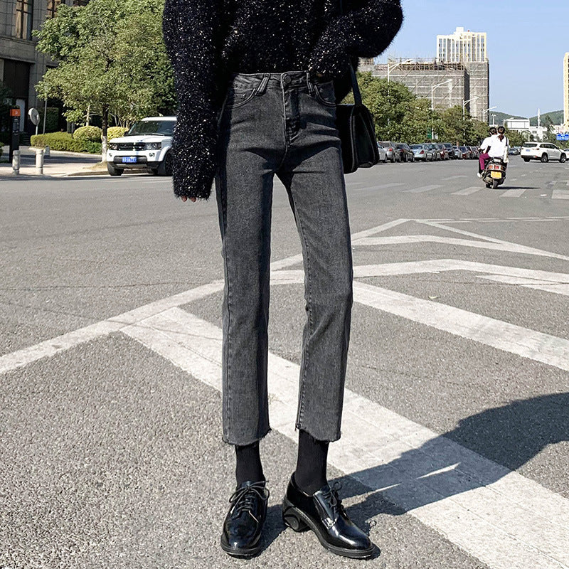 grunge outfits Black and Gray Straight Jeans Women's Autumn and Winter High Waist Stretch Slim Fit Slimming Small Loose Frayed Ankle-Length Pipe Pants