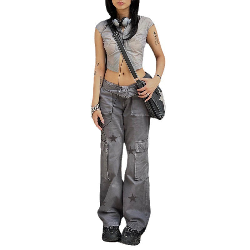 y2k outfits Street Retro Style Low Waist Denim Overalls Star Print Large Pocket Straight Casual Pants
