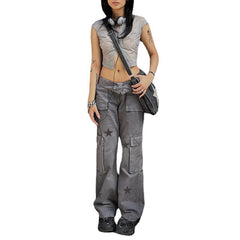 y2k outfits Street Retro Style Low Waist Denim Overalls Star Print Large Pocket Straight Casual Pants