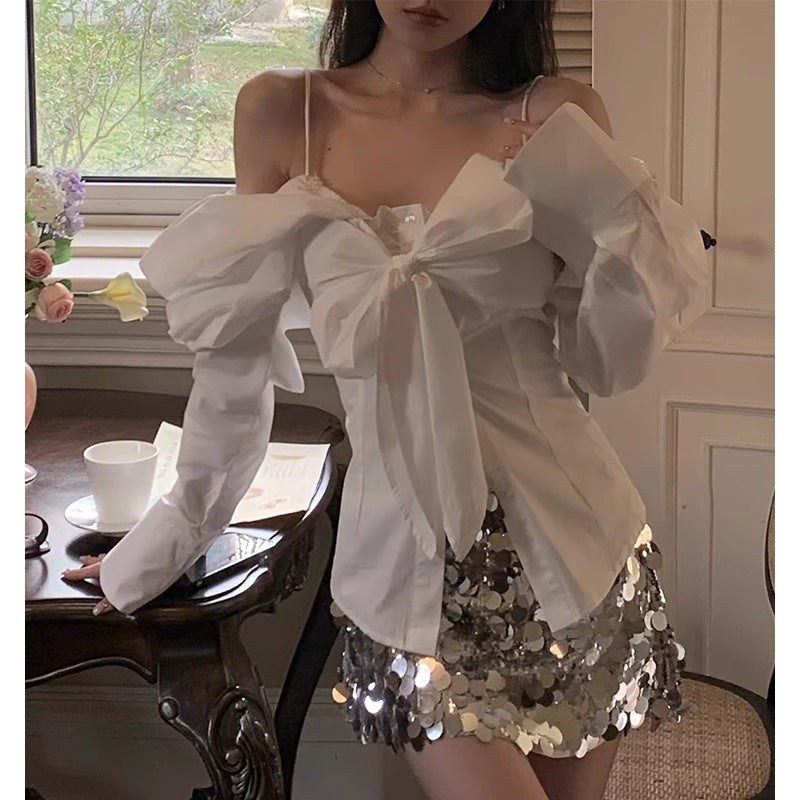 fall outfits Butterfly Shirt Wear off-Shoulder Bow Shirt