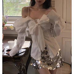 fall outfits Butterfly Shirt Wear off-Shoulder Bow Shirt