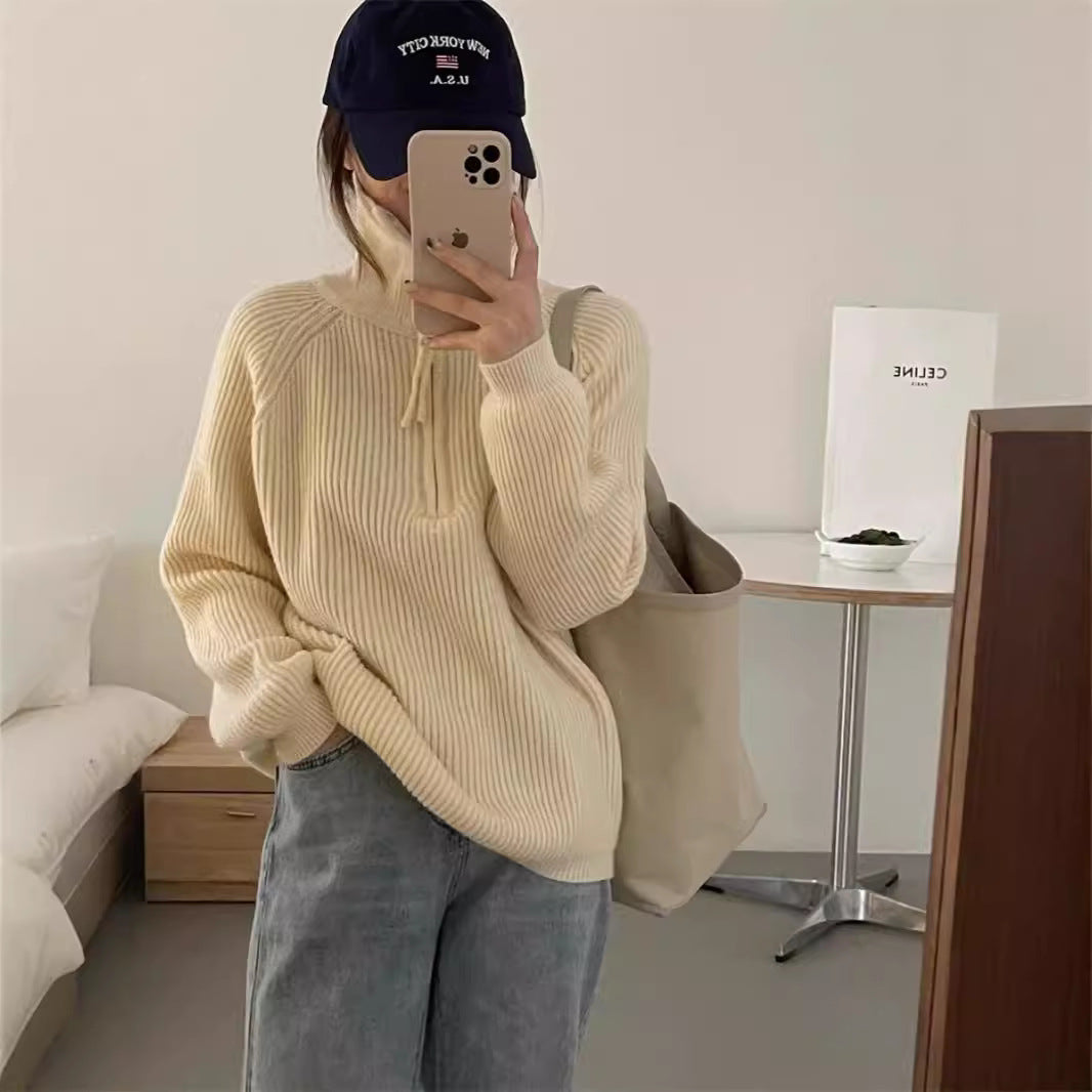 clothes Korean Style Half Zipper Sweater Women's Autumn and Winter New Style Pit Design Sense Stand Collar Soft Glutinous Loose Outer Wear Sweater Top