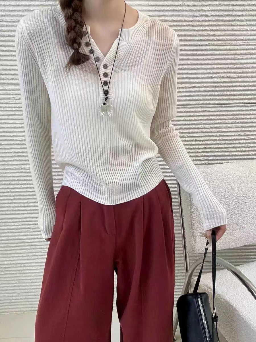 birkenstock clogs outfit fall Fashion Pit Striped Sweater Women's Autumn New Scissors Collar Button Slimming Versatile Long Sleeve Bottoming Sweater