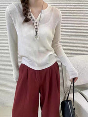 birkenstock clogs outfit fall Fashion Pit Striped Sweater Women's Autumn New Scissors Collar Button Slimming Versatile Long Sleeve Bottoming Sweater