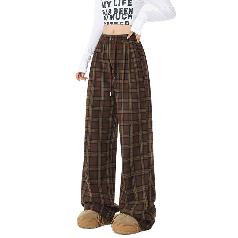 dream clothes Lazy Plaid Wide-Leg Casual Pants for Women Autumn High Waist Slimming Drawstring Fashionable Straight Pants