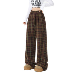 dream clothes Lazy Plaid Wide-Leg Casual Pants for Women Autumn High Waist Slimming Drawstring Fashionable Straight Pants