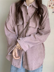 fall outfits aesthetic Early Spring Loose Mid-Length Shirt Retro Hong Kong Style Long Sleeve Corduroy Coat Women's Clothing Design Sense Niche Shirt