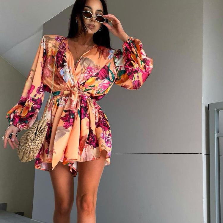 android vs cyberborg dress to impress Autumn New Printed Jumpsuit Women's High-Grade Draping V-neck Lace-up Waist-Tight Long Sleeve Jumpsuit