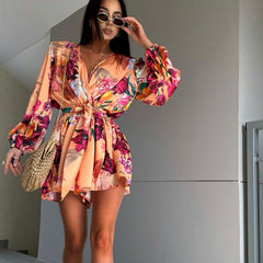 android vs cyberborg dress to impress Autumn New Printed Jumpsuit Women's High-Grade Draping V-neck Lace-up Waist-Tight Long Sleeve Jumpsuit