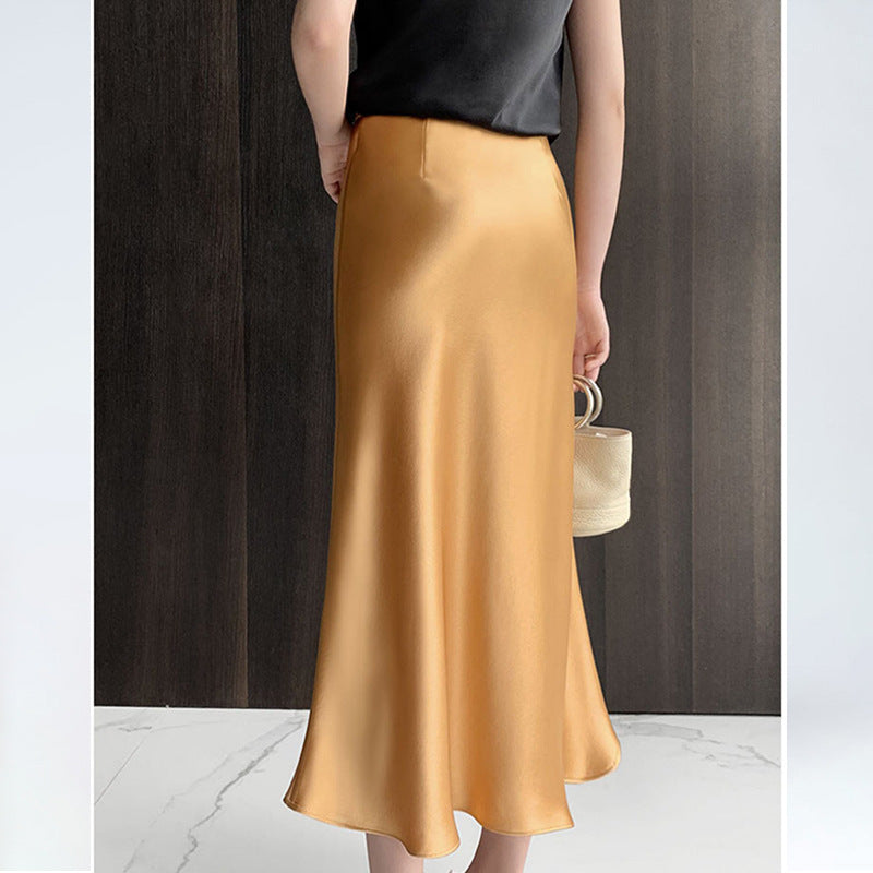 business casual outfits Satin Skirt Women's High Waist Acetate Sheath Fishtail A- line Skirt Summer Mid-Length Skirt