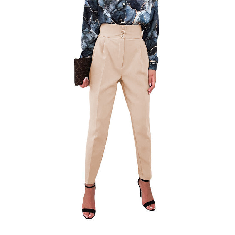 curvy casual outfits New Solid Color Casual Suit Pants Button Decorative Formal Pants Mid-Waist Straight Pants
