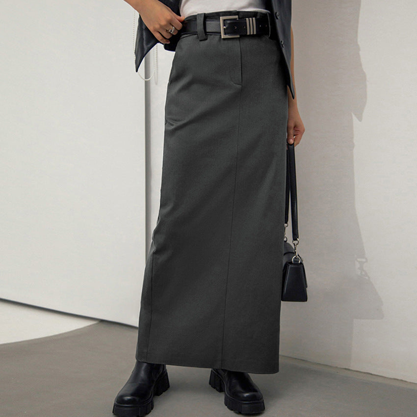 business casual outfits Gray Commuter Workplace Style Split High Waist Straight Skirt New Autumn Fashion Long Skirt