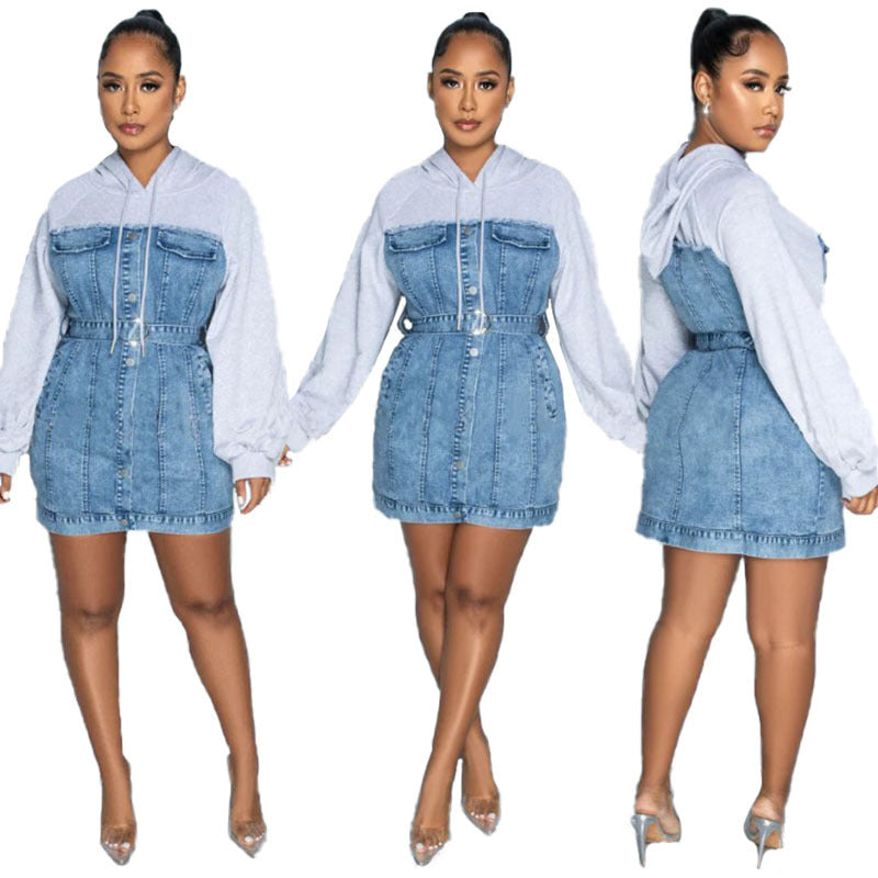 dream clothes Autumn and Winter New Women's Hooded Fake Two-Piece Sweater Stitching Jumpsuit Hip Skirt