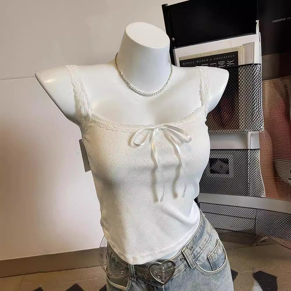 y2k outfits Lace Camisole Women's White Navel Top Women's Lace Bow Slim Summer Small Camisole