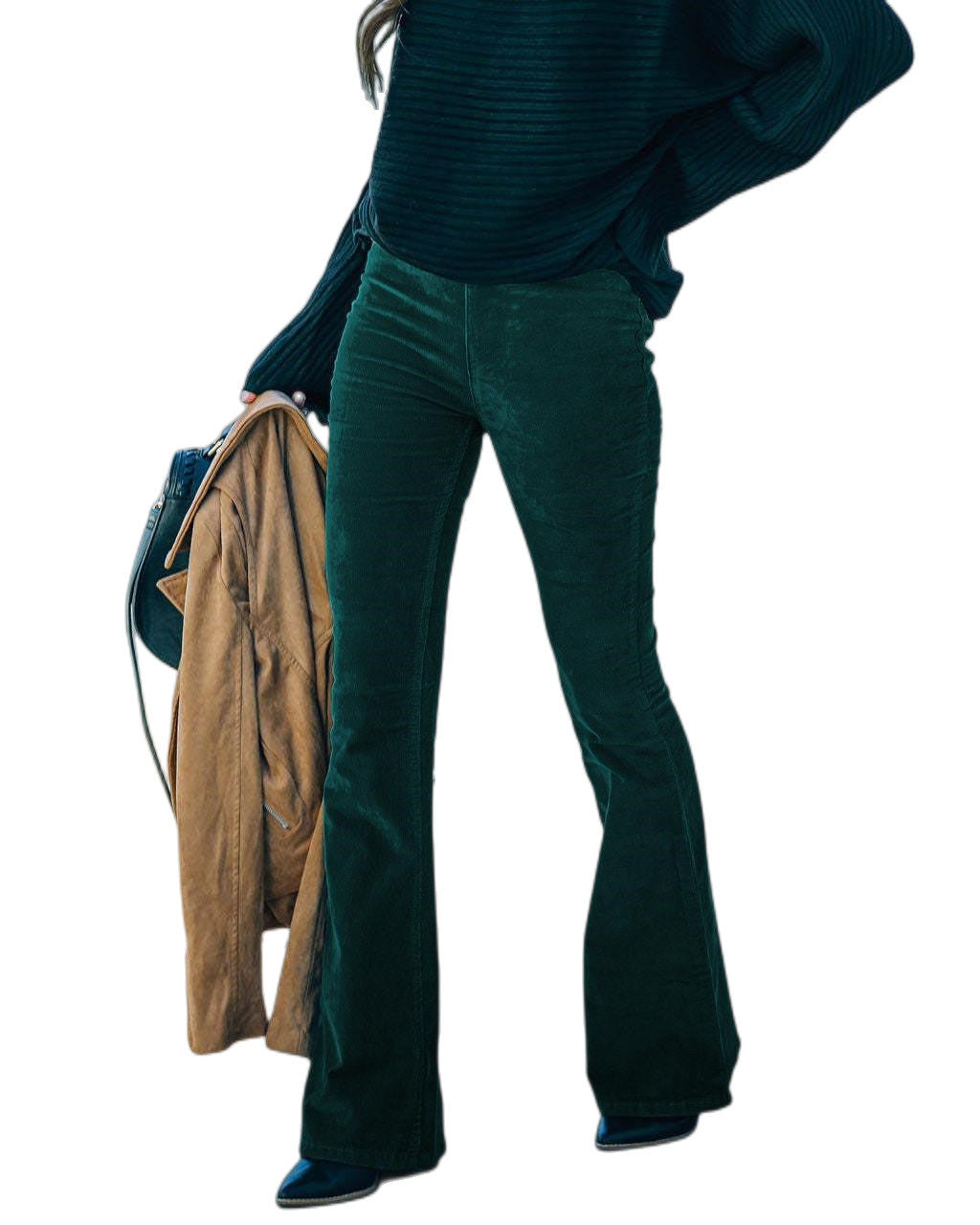 fall fits 2024 Spring and Summer Women's Solid Color High Waist Slim Micro Flared Pants Corduroy Elastic Waist Casual Pants