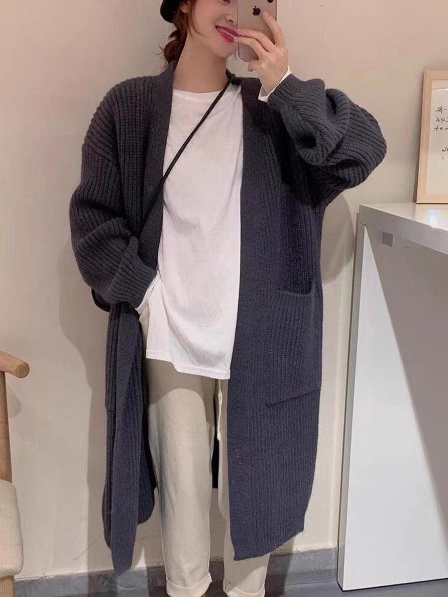fall outfits Solid Color Knitted Cardigan Women's Autumn and Winter Loose Temperament V-neck Lazy Style Mid-Length over-the-Knee Sweater Coat Fashion