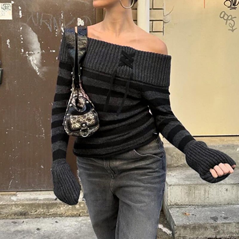 long sweater dress outfit Y2k Retro Fashion Color Matching Striped Flanging off-Shoulder Chic Lace-up Sweater Personalized Waist Slimming Sweater