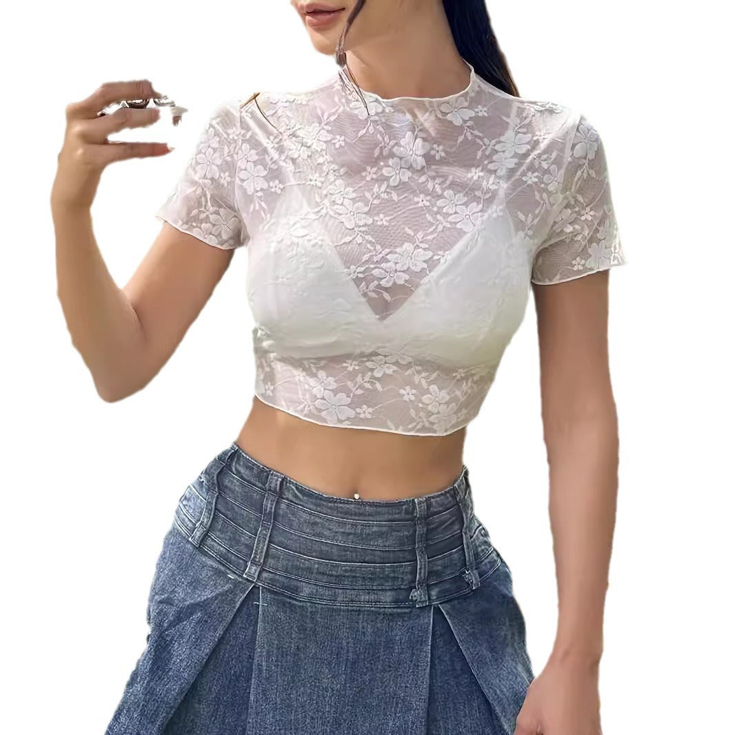 dress to impress outfits Elegant Short-Sleeved Lace Dam Flower and Wood Ear Short T-shirt Slimming Top Women's Clothing