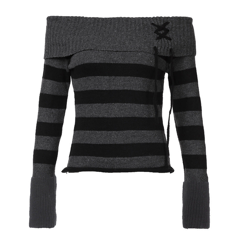 long sweater dress outfit Y2k Retro Fashion Color Matching Striped Flanging off-Shoulder Chic Lace-up Sweater Personalized Waist Slimming Sweater