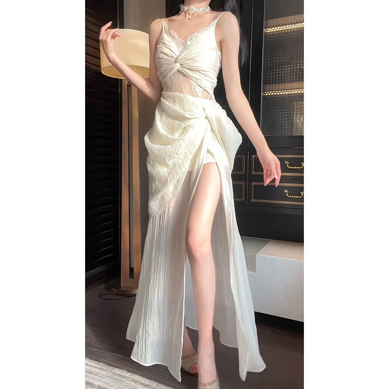 frat outfits French Style Open Waist Hollow-out Sling Dress Sexy Elegant Socialite Design Sense Seaside Holiday Long Skirt