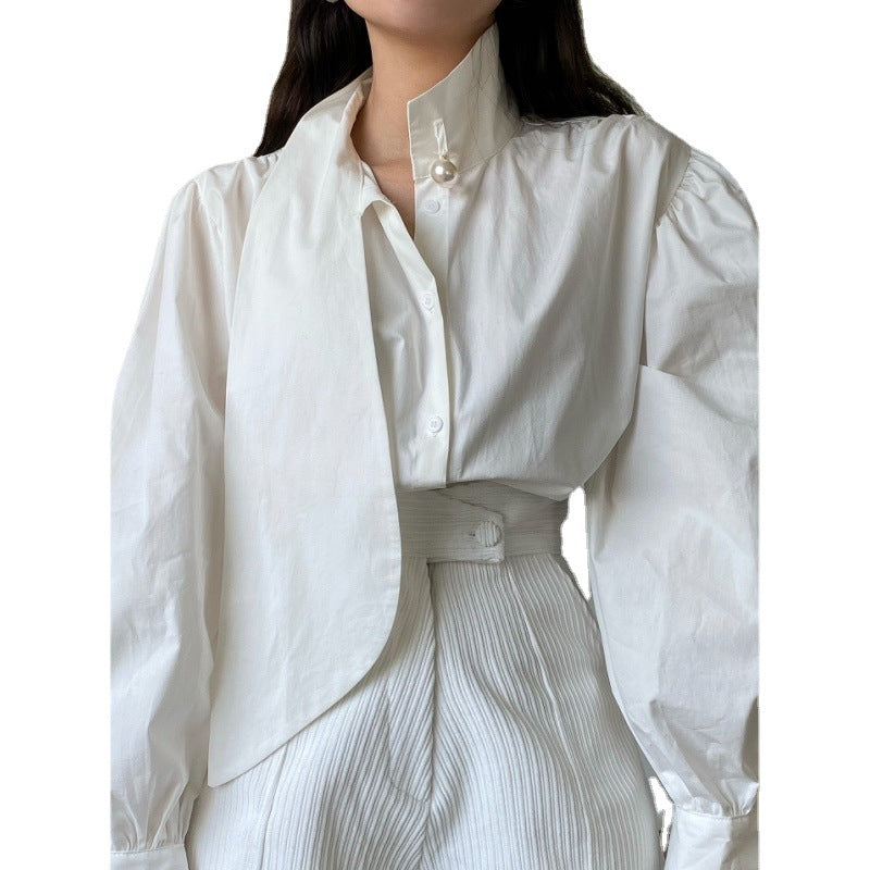 avant garde dress to impress Chic Autumn French Elegant Pearl Button Puff Sleeve Shirt + Irregular High Waist Shorts Suit