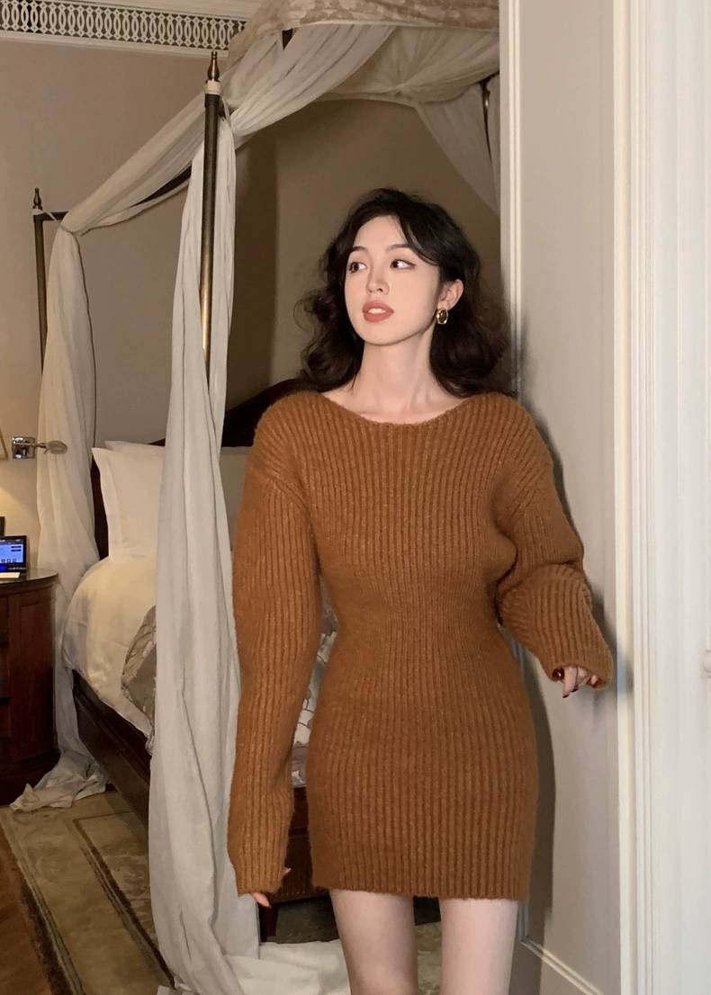 outfits Korean Style Thick Wool Knitted Skirt Dress Women's Autumn and Winter French Temperament Slim Skirt Sweater