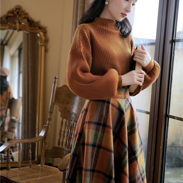 fall outfits women aesthetic Half Turtleneck Brown Lantern Long Sleeve Sweater + Plaid Woolen Skirt Suit Retro Two-Piece Set