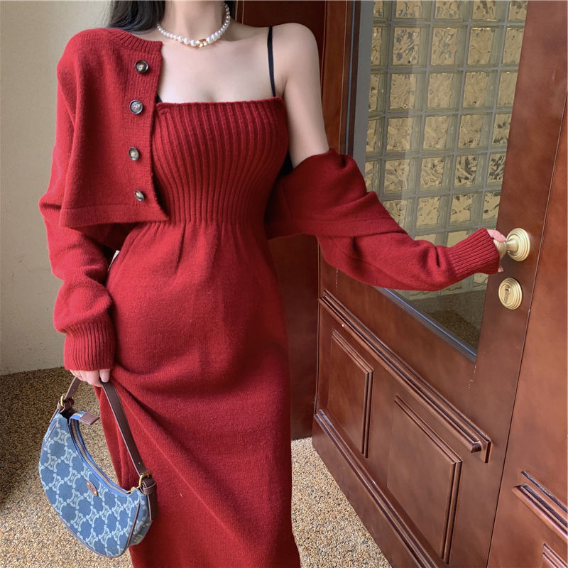 korean fashion Korean Style Chanel Style Knitted Cardigan Sweater for Women 2024 Autumn and Winter New Elegant Strap Dress Two-Piece Suit