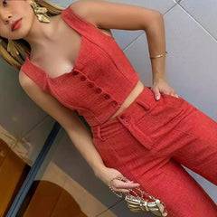 fall outfits aesthetic Women's Fashion Elegant Casual Sleeveless Button Solid Color Two-Piece Set