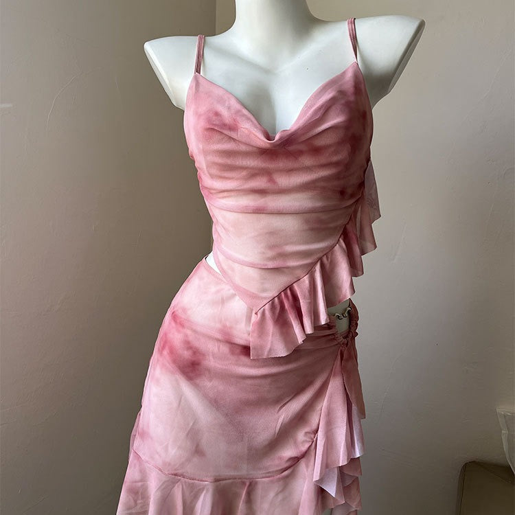 2000s fashion Women's Three-Piece Swimsuit, Two-Piece Steel Bracket, Push up and Cover Meat, Sexy Bikini Skirt, Pure Pink Tie-Dyed, High-Grade